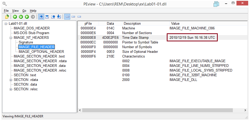 TimeDateStamp with PEview